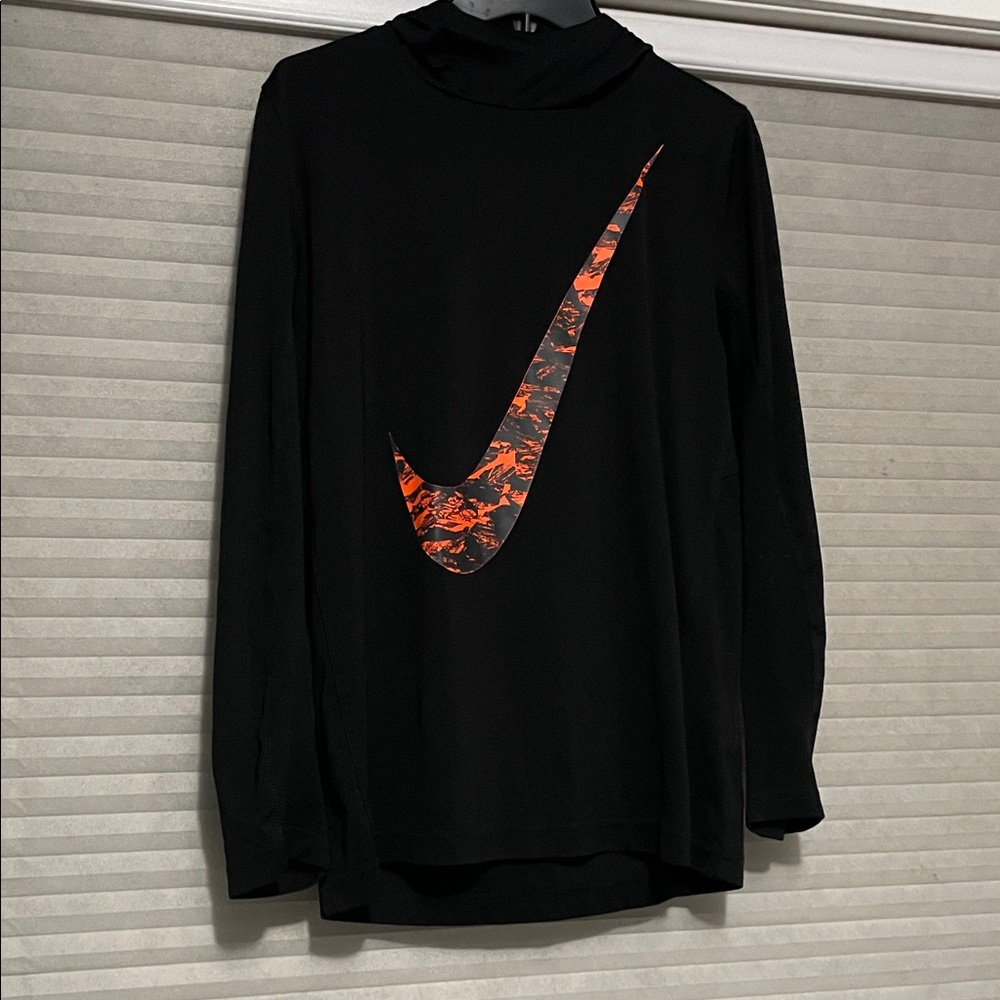 Nike Black Shirt with Orange Patterned Swoosh